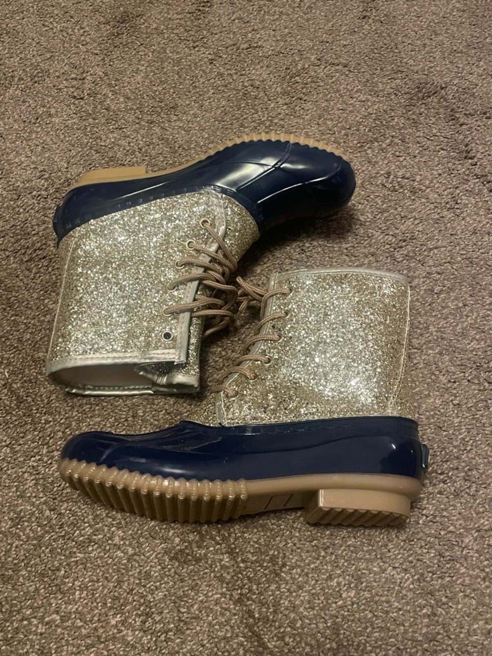 Women’s Navy & Gold Glitter Lace-Up Duck Boots. NWOT - Picture 2 of 6